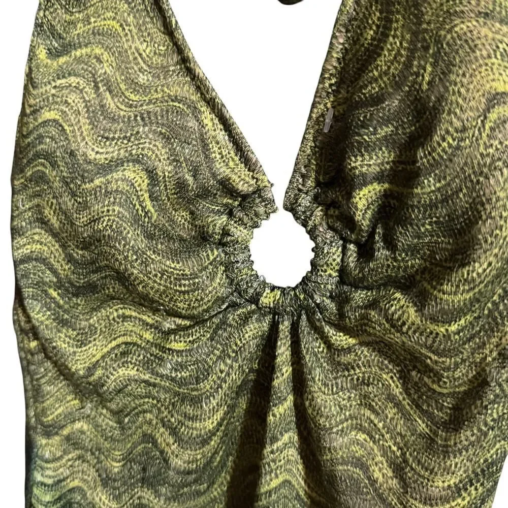 Zara Olive Green textured Halter One Piece Swismuit Ring Detail Open Back